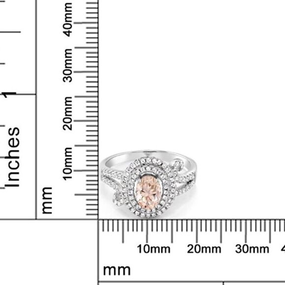 .925 Sterling Silver with Peach Morganite and Diamond Cubic Zirconia Ring - Picture 5 of 5
